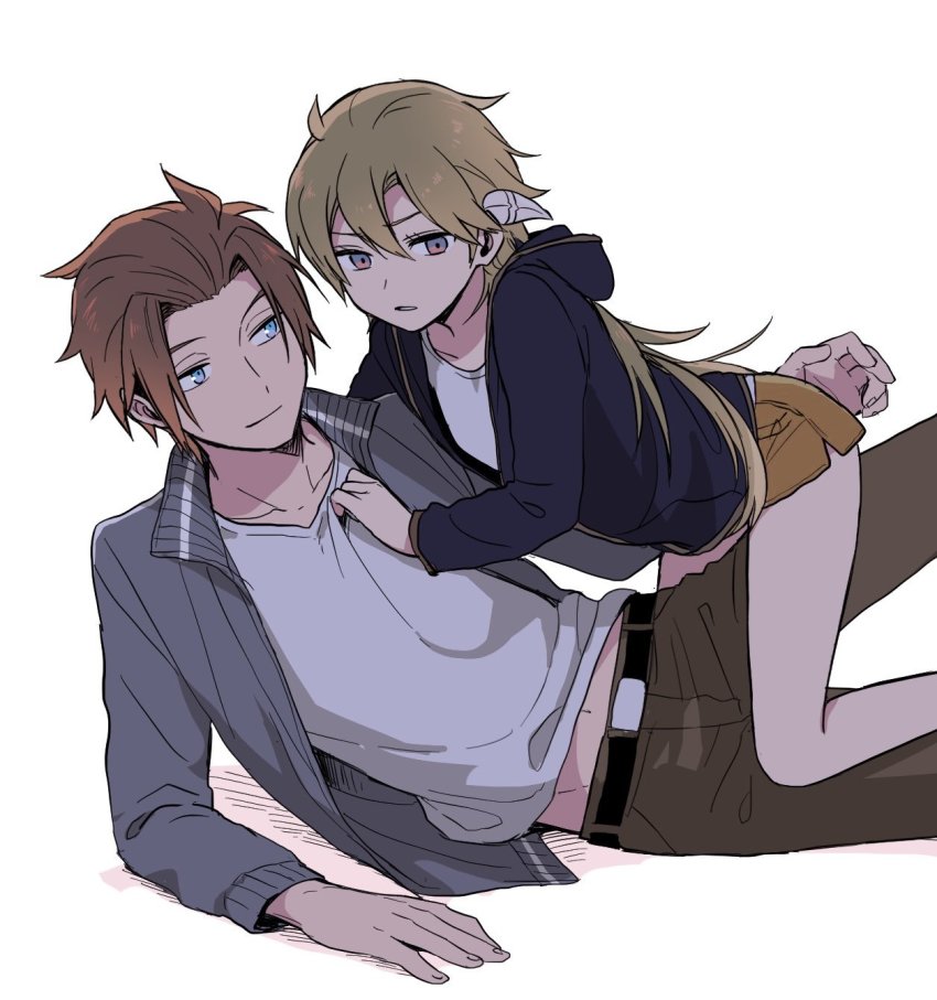 1boy 1girl 7100potechi belt black_jacket blue_eyes brown_hair brown_pants brown_shorts clothes_grab cowboy_shot genderswap genderswap_(mtf) grey_jacket hair_between_eyes hair_slicked_back highres hood hood_down hooded_jacket horns hyuse jacket jin_yuuichi kneeling light_brown_hair long_hair long_sleeves looking_at_another looking_at_viewer lying midriff_peek on_person on_side pants shirt short_hair shorts sideways_glance simple_background smile v-neck white_background white_shirt world_trigger