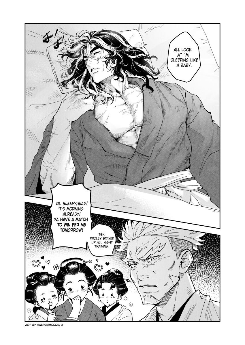 2boys 3girls absurdres black_hair blush covering_own_mouth geisha heart highres multicolored_hair multiple_boys multiple_girls muscular nose_blush pectorals scar sleeping tagme tenkaichi_nihon_saikyou_bugeisha_ketteisen togo_shigekata two-tone_hair white_hair