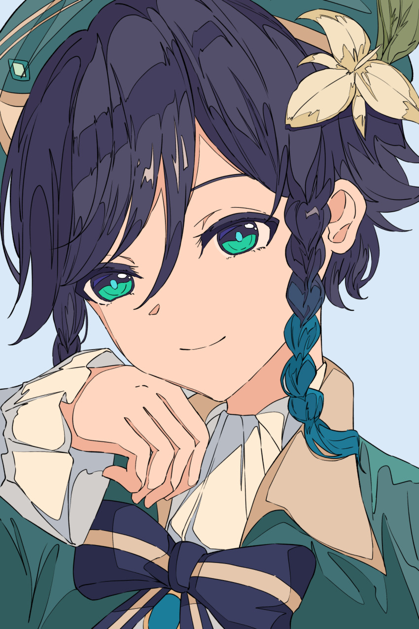1boy absurdres black_bow black_bowtie black_hair blue_background blue_hair bow bowtie flower genshin_impact gradient_hair green_eyes green_hat hair_flower hair_ornament hand_up hat highres male_focus multicolored_hair portrait shirt solo venti_(genshin_impact) white_flower white_shirt xiao_jin_caoooooooi