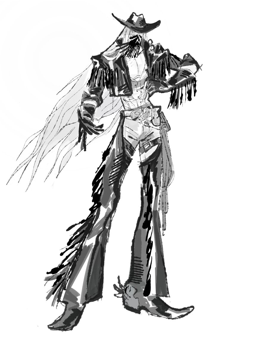 1boy alternate_costume bandana bandana_over_mouth belt_buckle black_gloves black_hat black_jacket boots buckle chaps covered_mouth cowboy_boots cowboy_hat cowboy_western cropped_jacket final_fantasy final_fantasy_vii final_fantasy_vii_rebirth final_fantasy_vii_remake fringe_trim full_body gloves greyscale hat highres jacket jaysoysaucee long_hair male_focus monochrome parted_bangs sephiroth sketch solo spurs