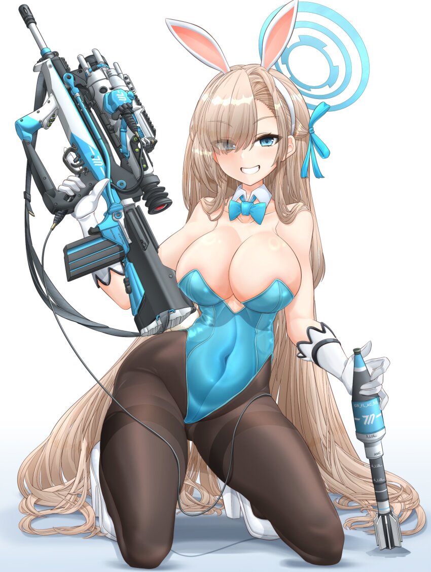 1girl absurdres ammunition animal_ears aqua_leotard assault_rifle asuna_(blue_archive) asuna_(bunny)_(blue_archive) asymmetrical_bangs blue_archive blue_bow blue_bowtie blue_leotard bow bowtie breasts bullpup bunny_day detached_collar fake_animal_ears famas grin gun hair_over_one_eye halo highleg highleg_leotard highres holding holding_weapon leotard light_brown_hair mikeran_(mikelan) mole mole_on_breast mortar_shell official_alternate_costume pantyhose playboy_bunny rabbit_ears rifle smile strapless strapless_leotard thighband_pantyhose traditional_bowtie weapon