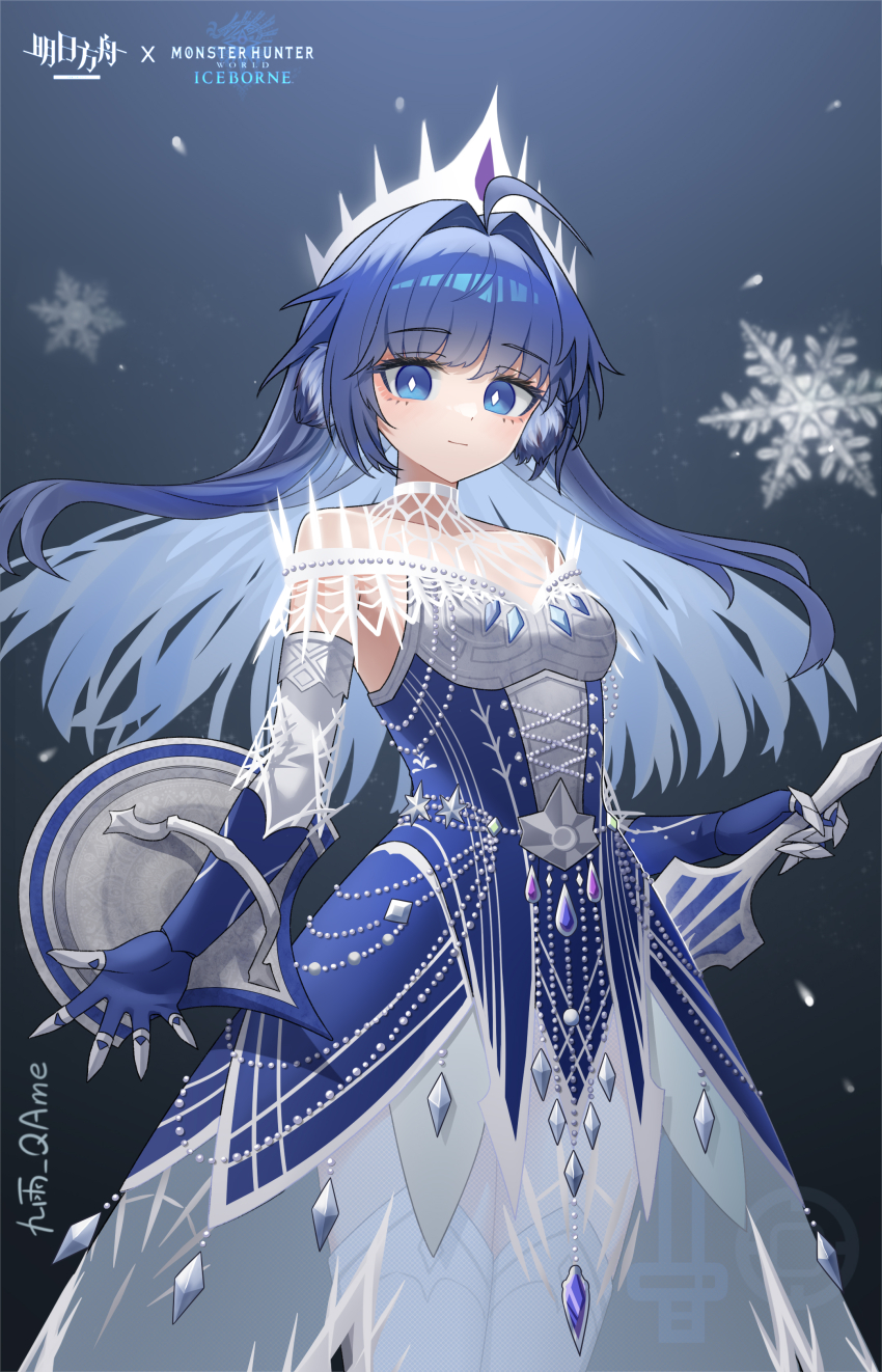 1girl absurdres ahoge arknights arm_shield astesia_(arknights) bare_shoulders blue_dress blue_eyes blue_gloves blue_hair breasts closed_mouth collarbone copyright_name dress gloves hair_intakes highres holding holding_sword holding_weapon jiuyu_qame long_hair monster_hunter:_world monster_hunter_(series) monster_hunter_world:_iceborne see-through_clothes signature small_breasts smile snowflakes solo sword thighhighs very_long_hair weapon white_thighhighs