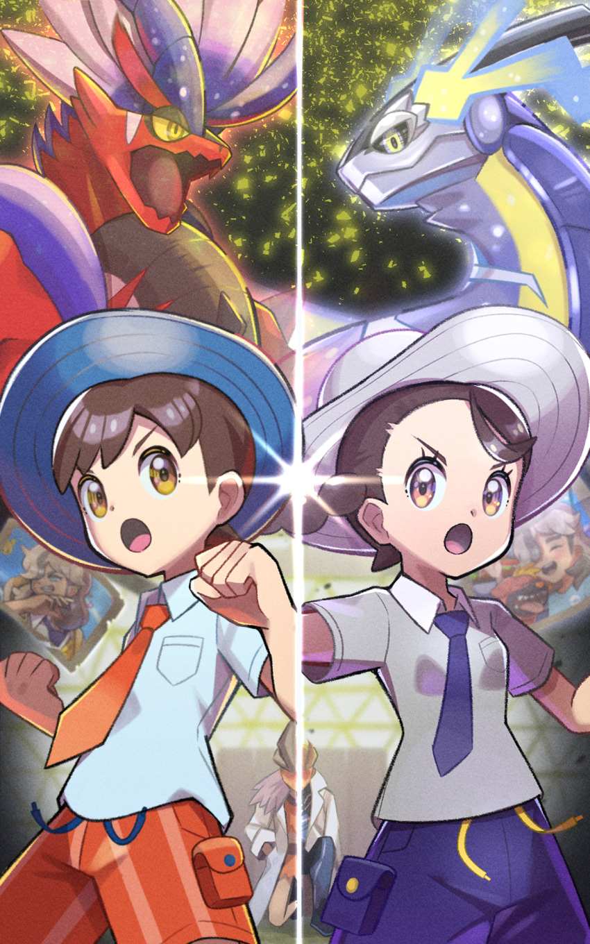 1boy 1girl arven_(pokemon) black_sclera blue_headwear blue_necktie blue_shorts blue_skin breasts brown_eyes brown_hair clenched_hand closed_mouth collared_shirt colored_sclera colored_skin dot_nose eyelashes florian_(pokemon) glint grey_shirt hair_over_one_eye hat highres inana_umi juliana_(pokemon) kneeling koraidon maschiff miraidon multicolored_eyes naranja_academy_school_uniform necktie nintendo open_mouth orange_necktie orange_shorts pokemon pokemon_(creature) pokemon_sv pouch purple_eyes red_skin professor_sada school_uniform sharp_teeth shirt short_hair shorts small_breasts teeth professor_turo uva_academy_school_uniform v-shaped_eyebrows white_headwear white_shirt yellow_eyes yellow_sclera
