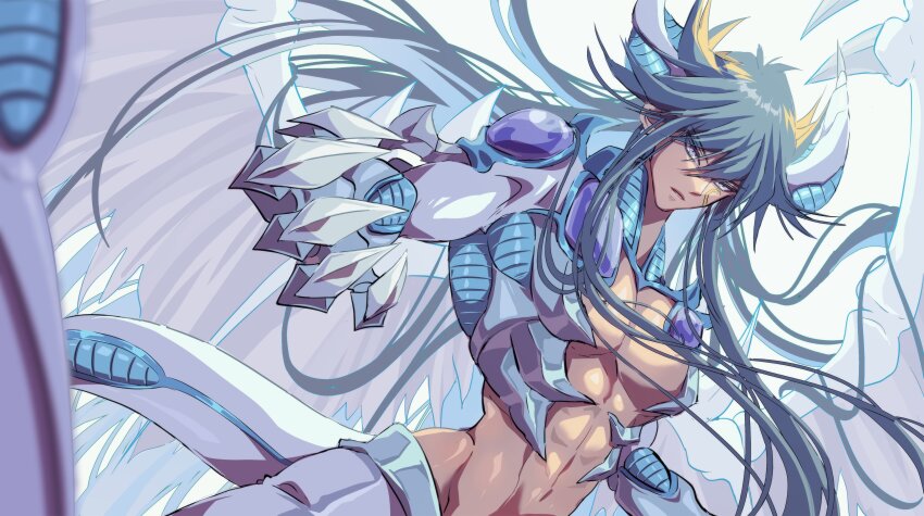 1boy absurdres black_hair blonde_hair cosplay cowboy_shot dragon_wings fudo_yusei highres long_hair multicolored_hair muscular muscular_male solo stardust_dragon stardust_dragon_(cosplay) two-tone_hair wings yu-gi-oh! yu-gi-oh!_5d&#039;s zackpyo