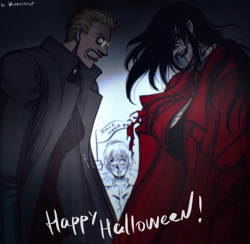 3girls alexander_anderson alucard_(hellsing) black_hair blonde_hair boots breasts female_focus formal_clothes genderswap genderswap_(mtf) glasses gloves green_eyes hair_over_eyes hellsing highres jacket jacket_on_shoulders large_breasts long_hair magic multiple_girls smile smirk smug solo suit threatening vampire very_long_hair white_gloves white_hair