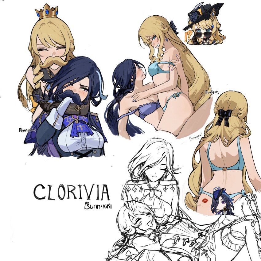 2girls ^_^ ascot blonde_hair blue_ascot blue_bra blue_eyes blue_hair bra bunnyoki clorinde_(genshin_impact) closed_eyes crown drill_hair drill_sidelocks fake_facial_hair fake_mustache genshin_impact gloves grin highres long_hair looking_at_viewer mini_crown multiple_girls multiple_views navia_(genshin_impact) no_headwear shirt sidelocks smile stomach thighs underwear underwear_only upper_body very_long_hair white_gloves white_shirt yuri