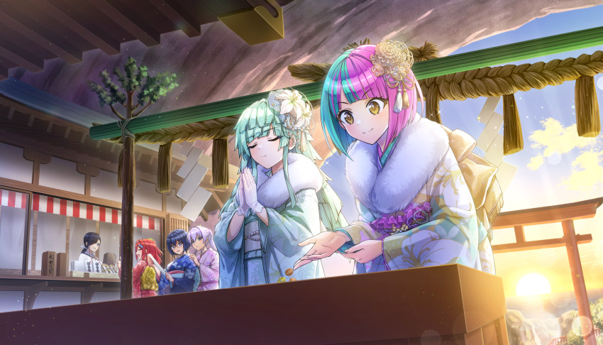 6+girls black_hair blue_hair blue_kimono breasts closed_eyes coin dolphin_hair_ornament dolphin_wave flower fur-trimmed_kimono fur_trim game_cg glasses gloves green_hair hair_flower hair_ornament helly_lewis highres japanese_clothes kimono kurose_minami large_breasts light_smile long_hair multicolored_hair multiple_girls non-web_source official_art ootomo_takuji ponytail purple_hair red_hair red_kimono sakimiya_iruka selena_lewis short_hair souma_hayate tojou_michiru two-tone_hair wide_sleeves yellow_eyes