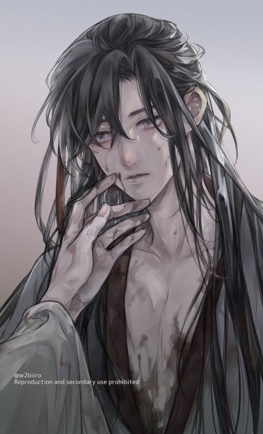 2boys absurdres bishounen black_hair black_hanfu blood blood_on_chest blood_on_clothes blood_on_face blood_on_hands chinese_clothes collarbone gradient_background grey_eyes hair_between_eyes hair_down hair_ribbon half_updo hand_on_another&#039;s_face hanfu highres implied_yaoi injury lan_wangji long_hair long_sleeves looking_at_viewer male_focus modao_zushi multiple_boys official_alternate_hairstyle parted_lips pectoral_cleavage pectorals pov pov_hands red_ribbon ribbon robe simple_background solo_focus tears twitter_username upper_body w2biiro watermark wei_wuxian wei_wuxian_(yiling_laozu) white_hanfu