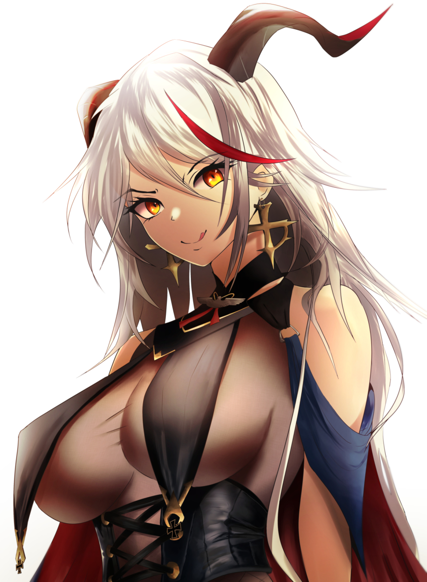1girl :q aegir_(azur_lane) azur_lane bare_shoulders beefusteku bodystocking breast_curtains breasts cape cross cross-laced_clothes cross_earrings demon_horns earrings from_below highres horns iron_cross jewelry long_hair multicolored_hair red_hair simple_background solo streaked_hair tongue tongue_out two-tone_hair white_background white_hair yellow_eyes