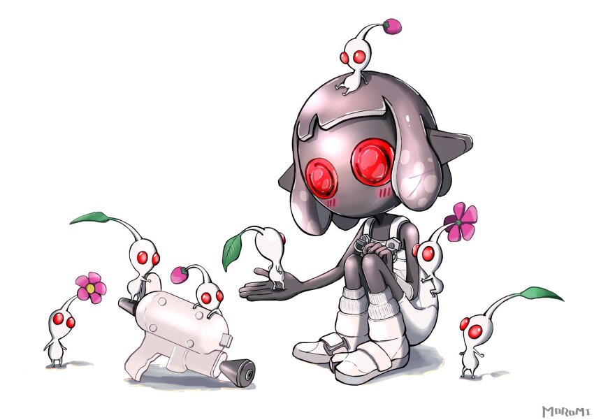 1girl blush bodysuit boots colored_skin commentary_request crossover full_body grey_hair grey_skin gun highres jelleton medium_hair moromi_(kscd4482) nintendo order_shot_(splatoon) parallel_canon_(splatoon) pikmin_(creature) pikmin_(series) pointy_ears red_eyes sitting sleeveless sleeveless_bodysuit socks splatoon_(series) splatoon_3 splatoon_3:_side_order weapon white_bodysuit white_footwear white_socks