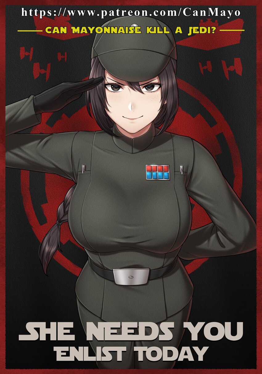 1girl belt black_eyes black_gloves black_hair braid braided_ponytail breasts english_text galactic_empire_(star_wars) gloves grey_tunic hat highres imperial_officer insignia large_breasts long_hair military_uniform poster_(medium) poster_(object) pov propaganda salute star_destroyer star_wars tie_fighter tunic zxpfer