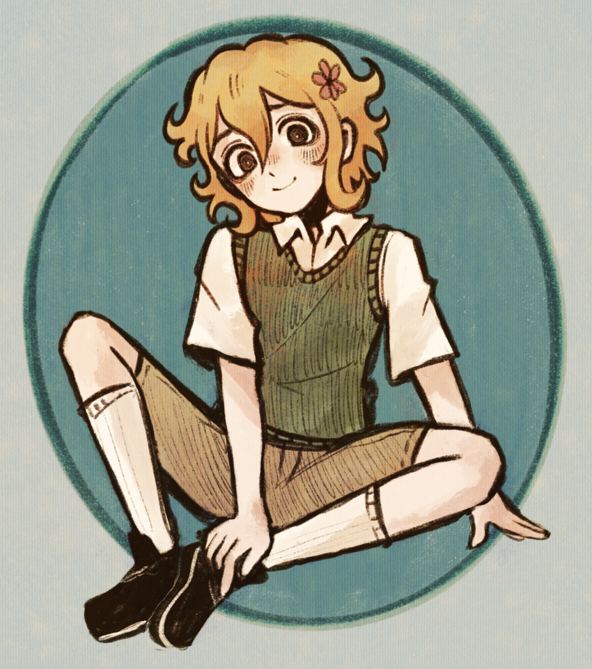 1boy alternate_eye_color basil_(faraway)_(omori) basil_(omori) black_eyes black_shoes blonde_hair blush brown_shorts closed_mouth collared_shirt full_body green_sweater_vest highres looking_at_viewer male_focus omori ottie_pops shirt shoes short_hair short_sleeves shorts sitting smile socks solo sweater_vest white_shirt white_socks