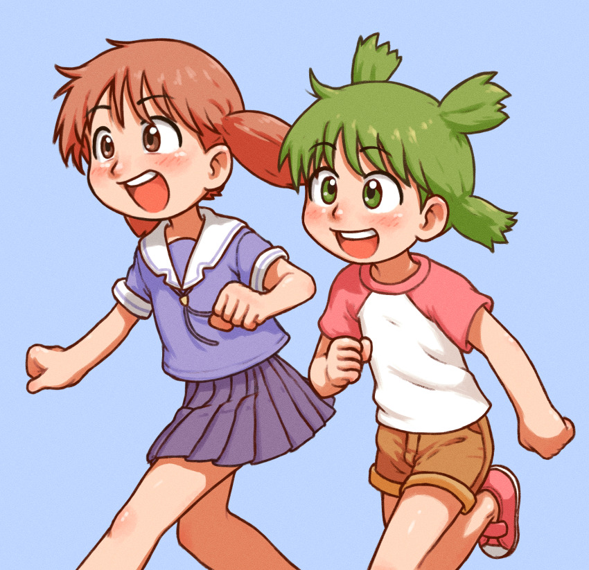 2girls azumanga_daiou beachepisode blue_background blush brown_eyes brown_hair brown_shorts crossover green_hair highres koiwai_yotsuba mihama_chiyo multiple_girls open_mouth red_shoes school_uniform shirt shoes short_hair short_sleeves shorts simple_background smile sneakers t-shirt yotsubato!