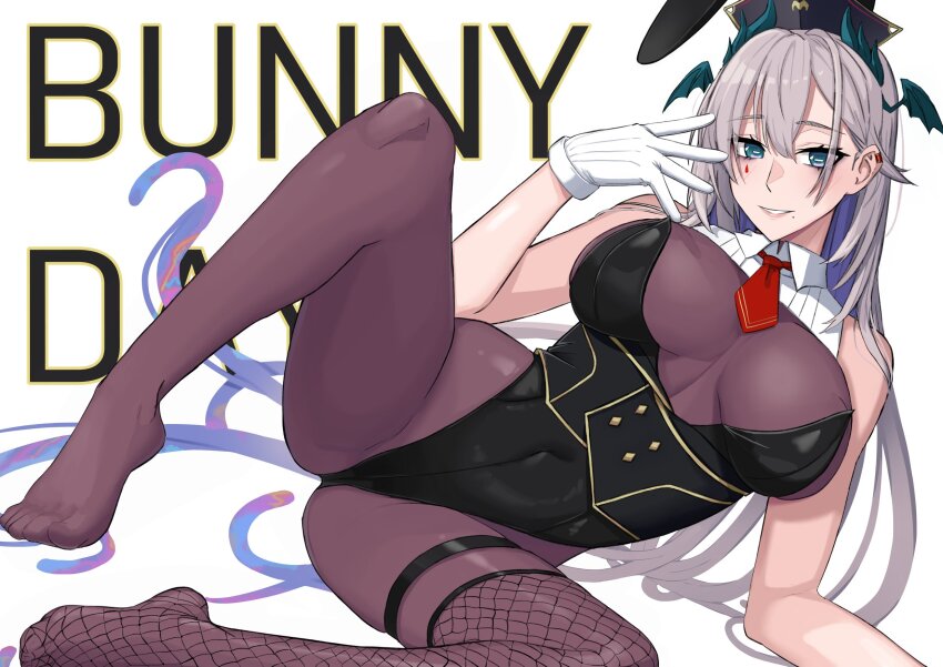 1girl animal_ears blue_eyes blush breasts cleavage covered_navel fake_animal_ears fishnet_pantyhose fishnets grey_hair hair_between_eyes head_wings highleg highleg_leotard highres horizontal_pupils indie_virtual_youtuber kuon_bb large_breasts leotard long_hair looking_at_viewer mole mole_under_mouth open_mouth pantyhose playboy_bunny pochimaru_(vtuber) rabbit_ears rectangular_pupils smile solo strapless strapless_leotard teardrop_facial_mark thighhighs virtual_youtuber wings