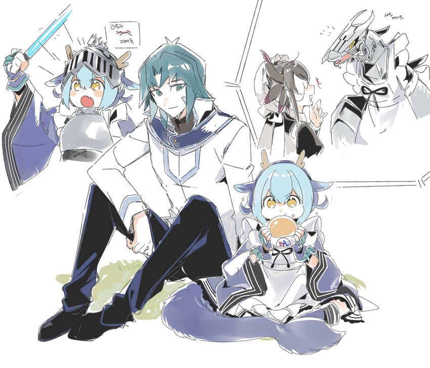 1girl 1other 2girls 3_ma_me apron black_hair black_pants blue_eyes blue_hair blush cyber_dragon dragon_girl dragon_horns duel_monster eastern_dragon_horns eating fingerless_gloves food frilled_apron frills glasses gloves holding holding_food holding_weapon horns house_dragonmaid laundry_dragonmaid looking_at_another maid maid_apron marufuji_ryo multiple_girls non-humanoid_robot open_mouth pants robot robot_dragon shirt short_twintails simple_background sitting surprised twintails wa_maid weapon white_apron white_background white_shirt wide_sleeves yellow_eyes yu-gi-oh!