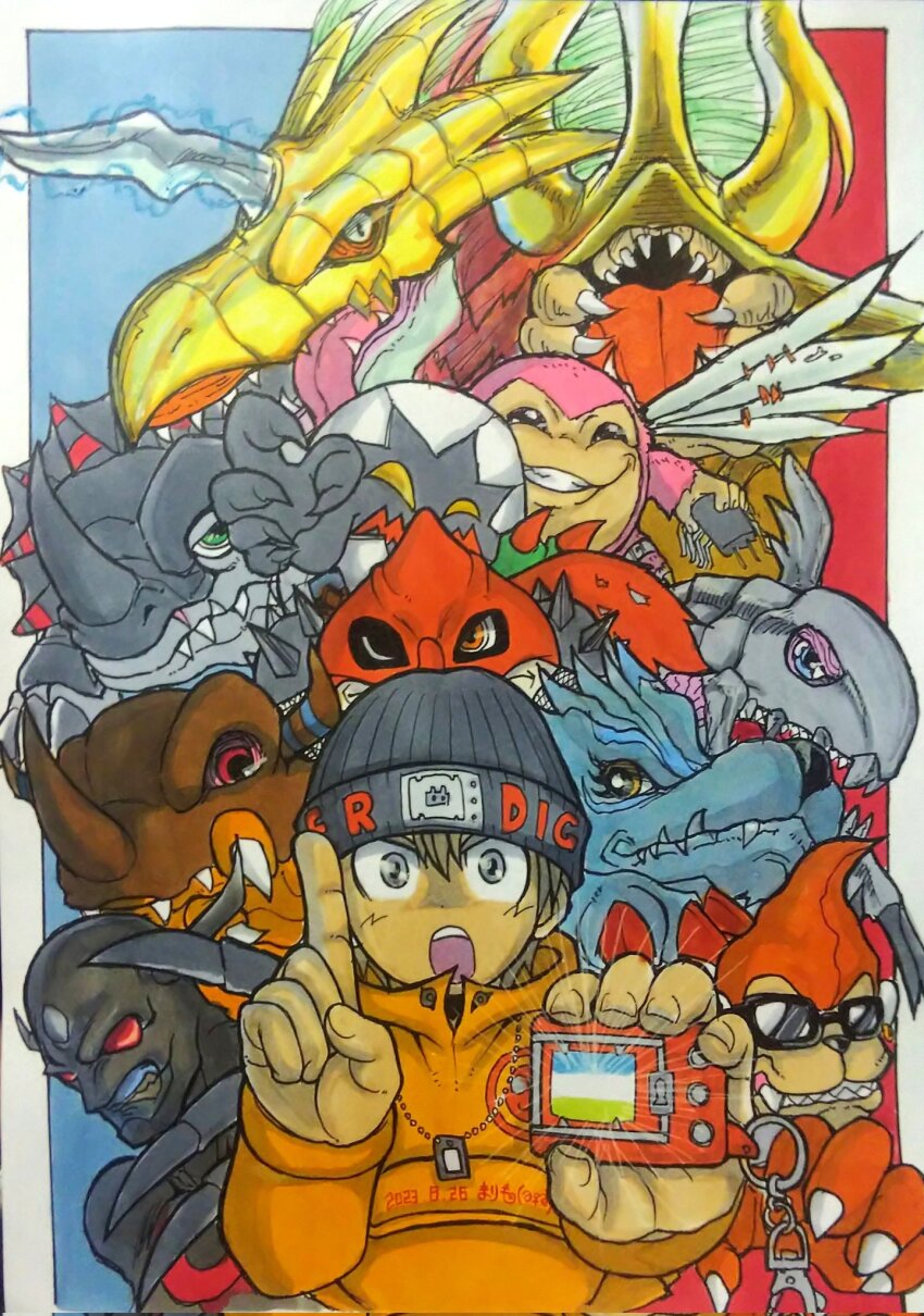 coelamon devimon digimon digimon_(creature) digitamamon etemon garurumon greymon hat heraklekabuterimon highres igamon looking_at_viewer mameo_(digimon) monochromon open_mouth picklemon red_eyes sharp_teeth sunglasses teeth waruseadramon wings