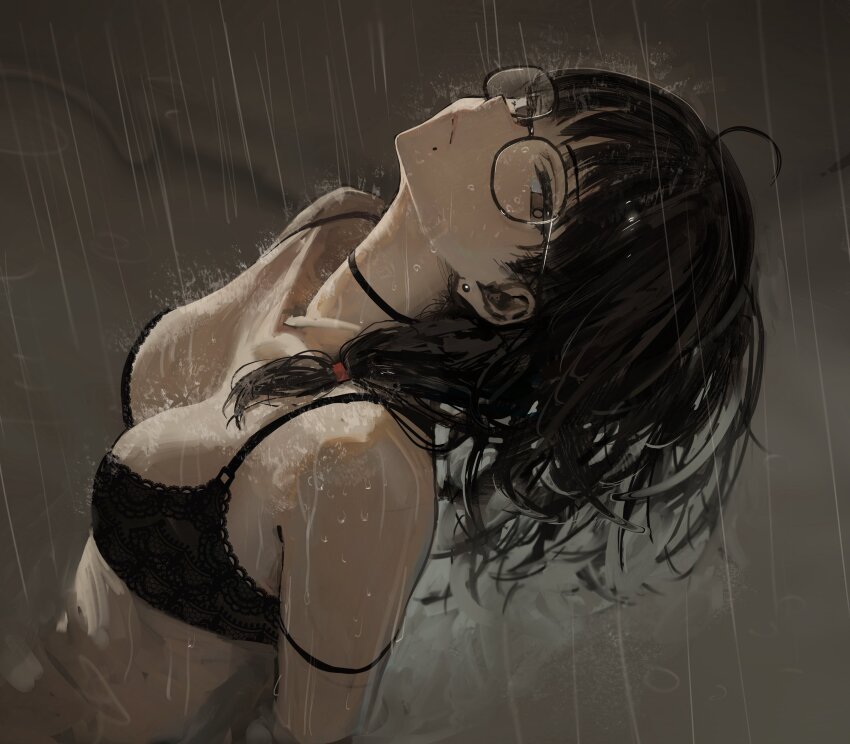 1girl absurdres black-framed_eyewear black_bra black_choker black_hair bra breasts brown_eyes choker closed_mouth earrings glasses hidulume highres jewelry lace lace-trimmed_bra lace_trim large_breasts long_hair mole mole_under_eye original rain solo underwear wet