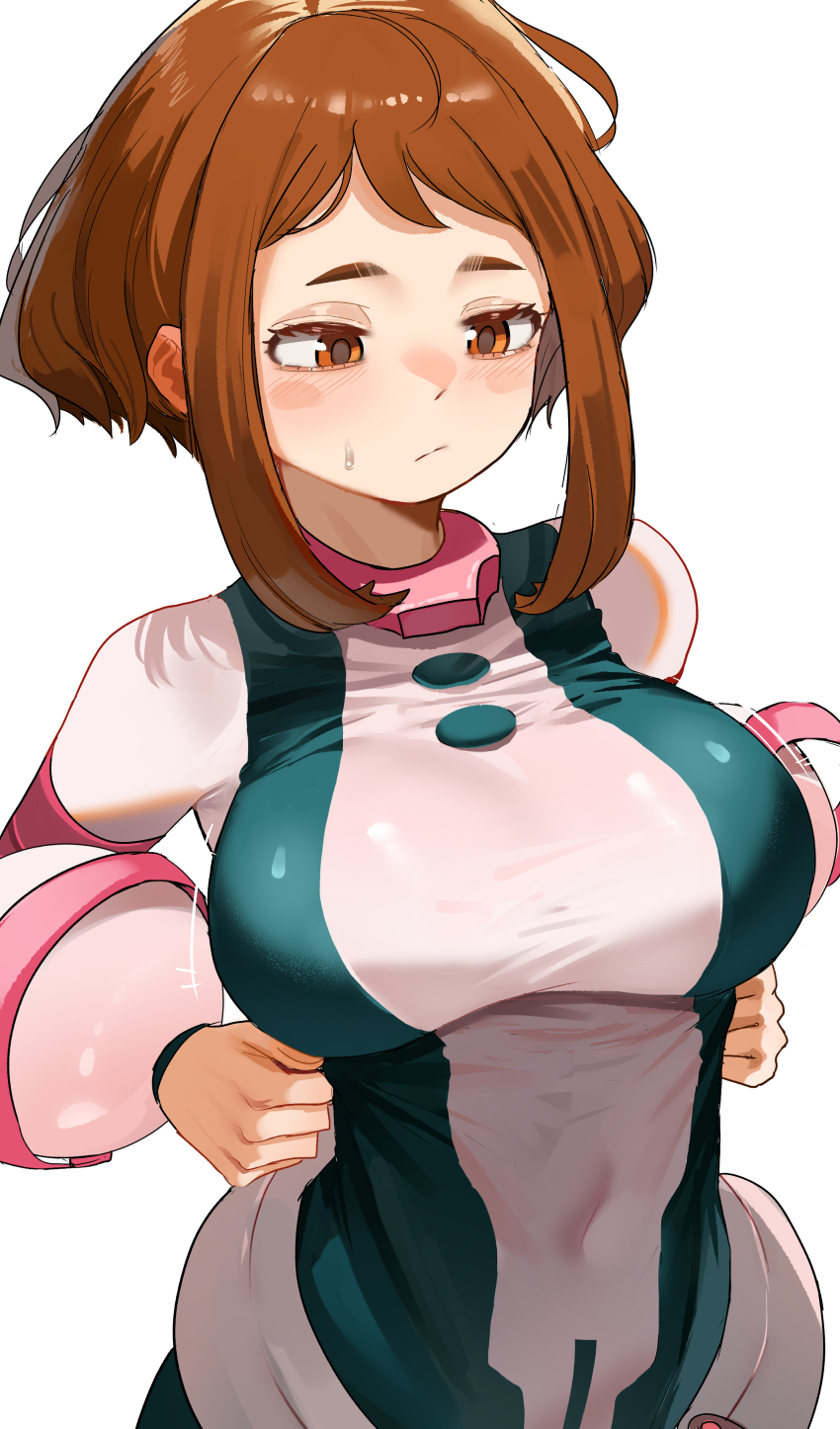 1girl :/ absurdres adjusting_clothes black_bodysuit blush_stickers bodysuit boku_no_hero_academia breast_conscious breasts brown_eyes brown_hair commentary english_commentary highres impossible_bodysuit impossible_clothes large_breasts multicolored_bodysuit pink_bodysuit short_hair sidelocks simple_background solo superhero_costume sweatdrop uraraka_ochako white_background zd_(pixiv6210083)