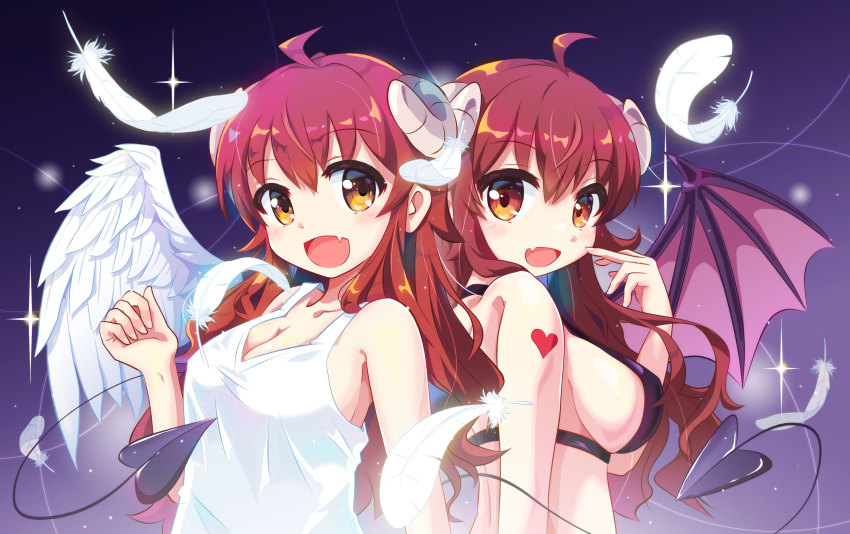 2girls ahoge angel angel_wings blush breasts brown_eyes brown_hair cleavage demon_girl demon_horns demon_tail demon_wings fang highres horns large_breasts looking_at_viewer machikado_mazoku multiple_girls n88_colpla open_mouth sideboob smile tail upper_body wings yoshida_yuuko_(machikado_mazoku)