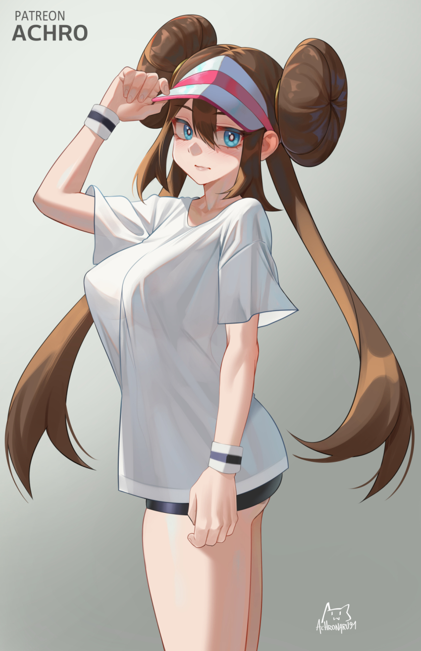 achromaru alternate_costume brown_hair donut_hair_bun double_bun hair_bun highres nintendo pokemon pokemon_bw2 rosa_(pokemon) twintails visor_cap