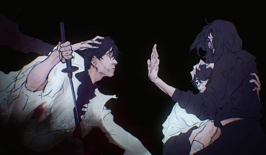 1girl 2boys :| arm_around_back black_background black_hair blood blood_stain carrying carrying_person closed_mouth clothes_grab coat curled_up dual_persona from_side grabbing_another&#039;s_head grabbing_another&#039;s_stomach han_sooyoung hand_on_another&#039;s_head kim_dokja looking_at_another macaronijail multiple_boys oldest_dream omniscient_reader&#039;s_viewpoint outstretched_hand scar scar_across_eye scar_on_face sheath shirt short_hair socks stop_(gesture) too_many_hands unsheathing white_coat white_shirt white_socks wide-eyed