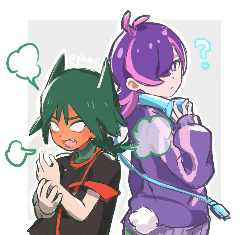 1boy 1girl ? antenna_hair back-to-back blank_eyes blush border commentary_request dot_(pokemon) full-face_blush green_hair green_shirt grey_background hand_up headphones highres jacket long_hair long_sleeves multicolored_hair nintendo open_mouth outside_border pink_hair pokemon pokemon_(anime) pokemon_horizons purple_hair purple_jacket shirt sleeves_past_wrists teeth tongue two-tone_hair ult_(pokemon) white_border yibuzhai
