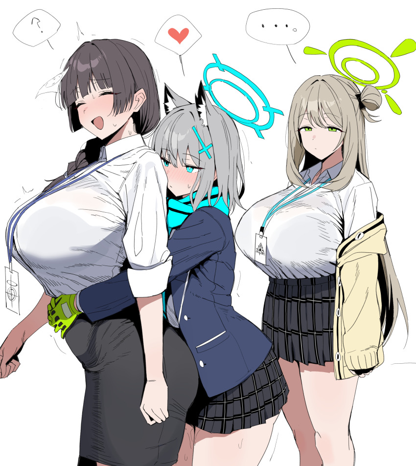 ... 3girls ? ^_^ absurdres animal_ears aqua_scarf aroused black_bra black_skirt blazer blue_archive blue_jacket blush bra bra_visible_through_clothes breasts brown_hair cardigan cardigan_partially_removed closed_eyes commentary_request cross_hair_ornament doodle_sensei_(blue_archive) dry_humping extra_ears feet_out_of_frame female_sensei_(blue_archive) female_sensei_(blue_archive)_(xipa) gloves green_gloves grey_hair hair_bun hair_ornament halo heart highres hug hug_from_behind huge_breasts humping jacket lanyard long_braid long_hair looking_at_another medium_hair multiple_girls nervous_smile nervous_sweating nonomi_(blue_archive) nose_blush paper_on_head pencil_skirt plaid_clothes plaid_skirt pleated_skirt pussy_juice scarf school_uniform sensei_(blue_archive) shiroko_(blue_archive) shirt shirt_tucked_in simple_background single_side_bun skirt smile spoken_ellipsis spoken_heart spoken_question_mark sweat tented_shirt underwear very_long_hair white_background white_shirt wolf_ears xipa yellow_cardigan yuri