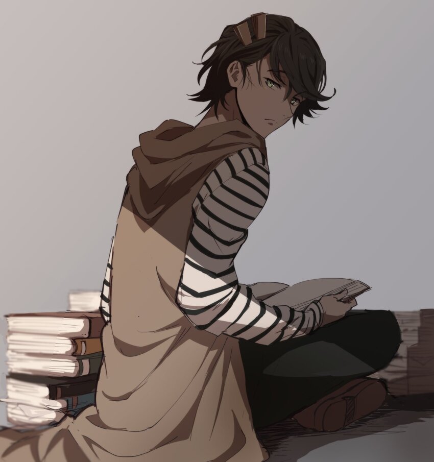 1boy black_hair book boots brown_boots crossed_legs expressionless green_eyes green_pants highres holding holding_book kamen_rider kamen_rider_w looking_back male_focus mido_(byebyebye03) pants philip_(kamen_rider) shadow shirt sleeveless sleeveless_jacket solo striped_clothes striped_shirt white_shirt