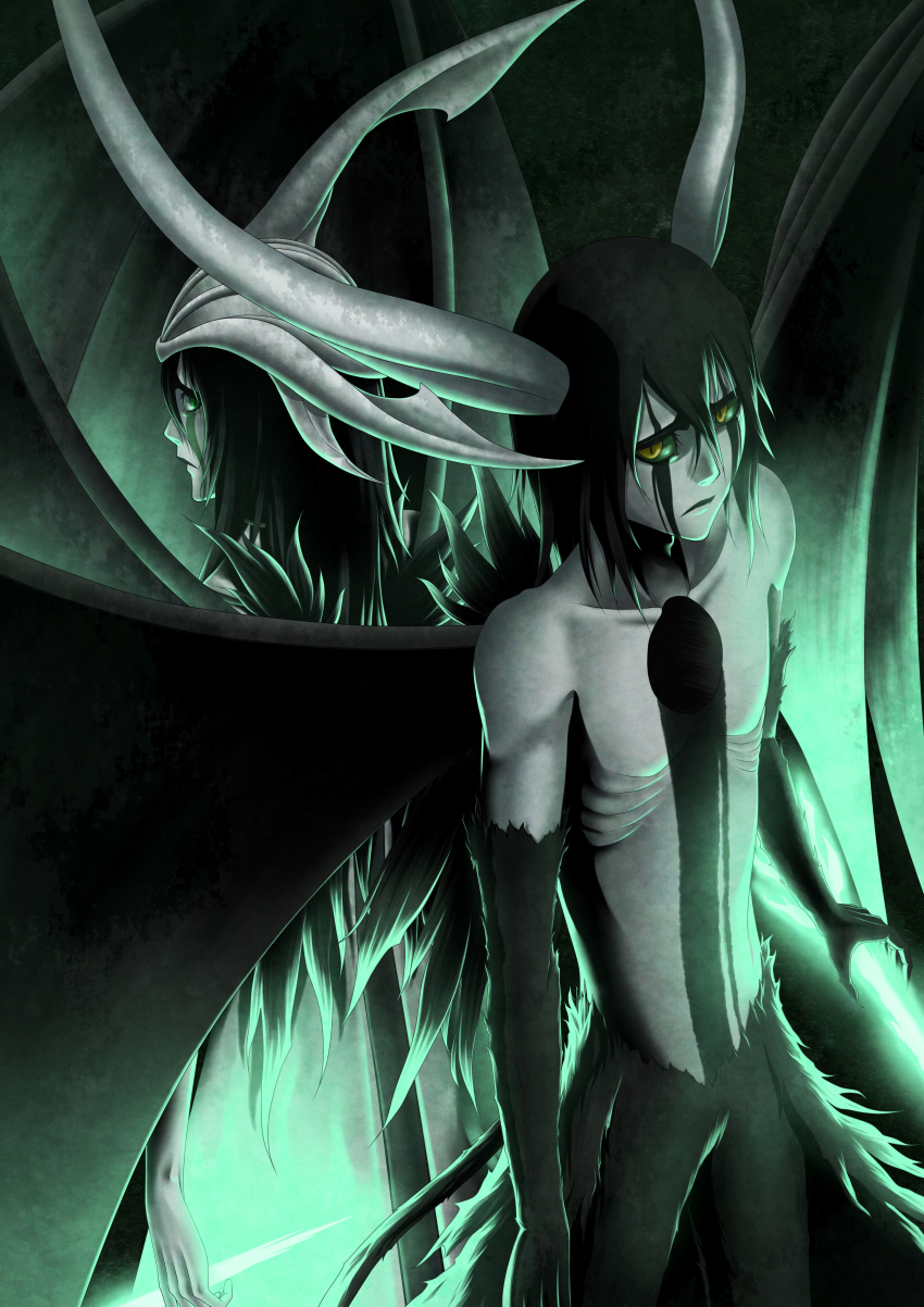 2boys absurdres arms_at_sides back-to-back bat_wings black_fur black_hair black_lips black_wings bleach bleachist body_fur claws closed_mouth collarbone colored_sclera colored_skin commentary cowboy_shot demon_boy demon_horns dual_persona energy_lance energy_weapon expressionless facial_mark green_sclera hair_between_eyes helmet highres holding holding_weapon hole_in_chest hole_on_body horns kubo_tite_(style) long_hair looking_at_viewer looking_back male_focus multiple_boys official_style resurreccion ribs sideways_glance skinny slit_pupils ulquiorra_cifer underlighting weapon white_helmet white_skin wings yellow_eyes