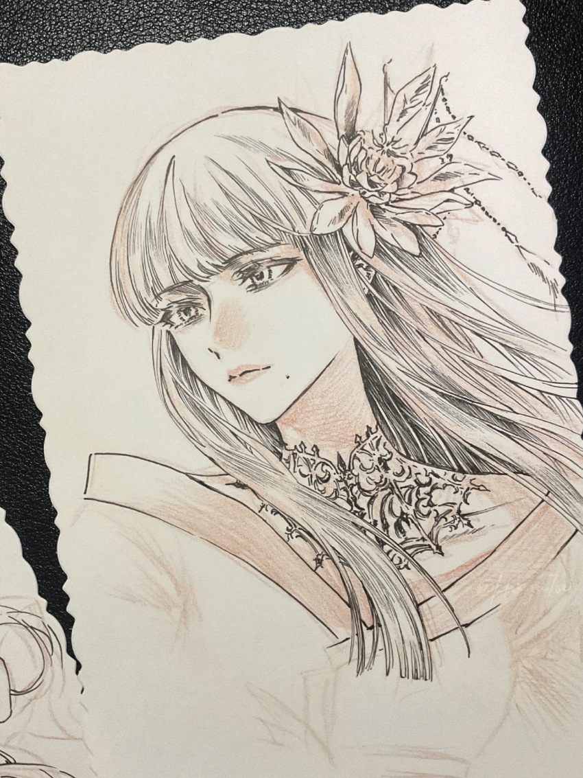 1girl absurdres final_fantasy final_fantasy_xiv flower hair_flower hair_ornament hakujoutou highres hyur lace_collar long_hair looking_afar looking_to_the_side mole mole_under_mouth monochrome nib_pen_(medium) pen_(medium) photo_(medium) portrait solo traditional_media white_background yotsuyu_goe_brutus