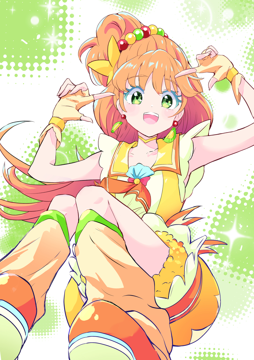 1girl absurdres ascot beads blue_eyes colored_eyelashes commentary cure_papaya dress earrings fingerless_gloves floating flower food-themed_earrings gloves green_background green_eyes hair_beads hair_flower hair_ornament highres ichinose_minori jewelry keijirou_(mukunozaltusou) long_hair looking_at_viewer loose_socks magical_girl open_mouth orange_ascot orange_hair orange_shoes pointing pointing_at_self precure sailor_collar shell_brooch shoes short_dress sleeveless sleeveless_dress smile socks solo thick_eyelashes tropical-rouge!_precure yellow_ascot yellow_dress yellow_gloves yellow_sailor_collar yellow_socks