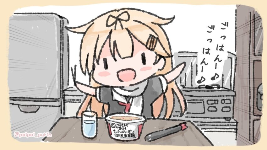 1girl black_ribbon black_serafuku blush_stickers border bowl chibi commentary_request glass hair_flaps hair_ornament hairclip kantai_collection kitchen neckerchief no_nose outstretched_arms poipoi_purin red_neckerchief refrigerator ribbon sailor_collar scarf school_uniform serafuku smile solo torpedo twitter_username upper_body white_sailor_collar white_scarf yellow_border yuudachi_(kancolle) yuudachi_kai_ni_(kancolle) |_|
