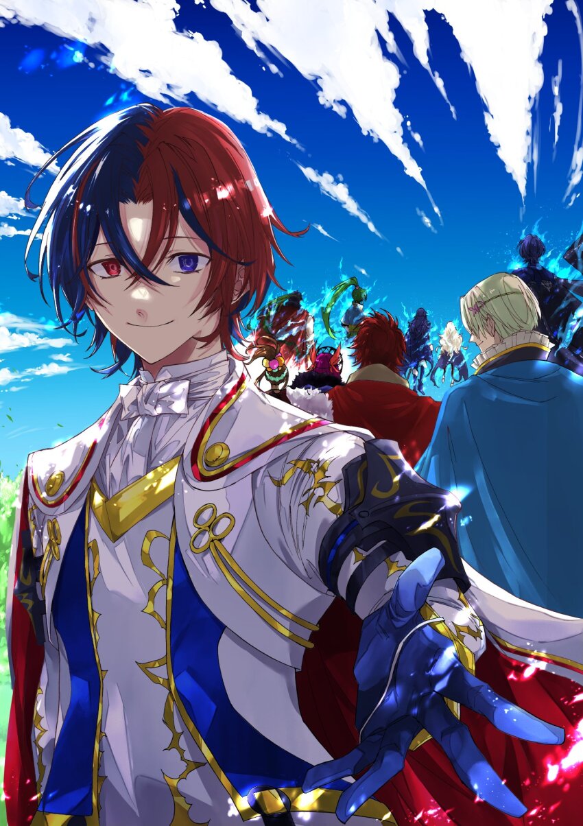5boys 5girls alfred_(fire_emblem) aura blonde_hair blue_eyes blue_hair brown_hair commentary_request female_corrin_(emblem)_(fire_emblem) female_corrin_(fire_emblem) diamant_(fire_emblem) fire_emblem fire_emblem_engage green_hair heterochromia highres ike_(emblem)_(fire_emblem) ike_(fire_emblem) ivy_(fire_emblem) konnichi_warou long_hair lucina_(emblem)_(fire_emblem) lucina_(fire_emblem) lyn_(emblem)_(fire_emblem) lyn_(fire_emblem) male_alear_(fire_emblem) male_byleth_(emblem)_(fire_emblem) male_byleth_(fire_emblem) multicolored_hair multiple_boys multiple_girls nintendo offering_hand official_art ponytail purple_hair red_eyes red_hair short_hair sky smile solo_focus split-color_hair timerra_(fire_emblem) two-sided_fabric two-tone_hair
