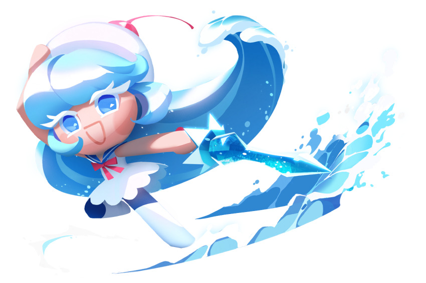 1girl blue_eyes blue_hair boots cherry colored_eyelashes cookie_run cookie_run:_kingdom cookie_run:_tower_of_adventures cream_soda_cookie dress dynamic_pose food fruit full_body game_cg hand_on_own_head hat holding holding_sword holding_weapon liquid_hair long_hair looking_at_viewer official_art open_mouth sailor_collar sailor_dress simple_background smile solo sword third-party_source transparent_background very_long_hair water weapon white_boots white_dress white_eyelashes white_hat