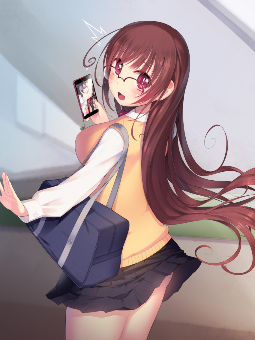 1girl ahoge arima_senne bag blush breasts brown_hair caught cellphone drooling female_focus glasses highres kashiwamochi_yomogi large_breasts long_hair looking_at_viewer looking_back open_mouth original phone pornography red_eyes saliva school_bag school_uniform skirt smartphone smile solo ^^^ sweater_vest