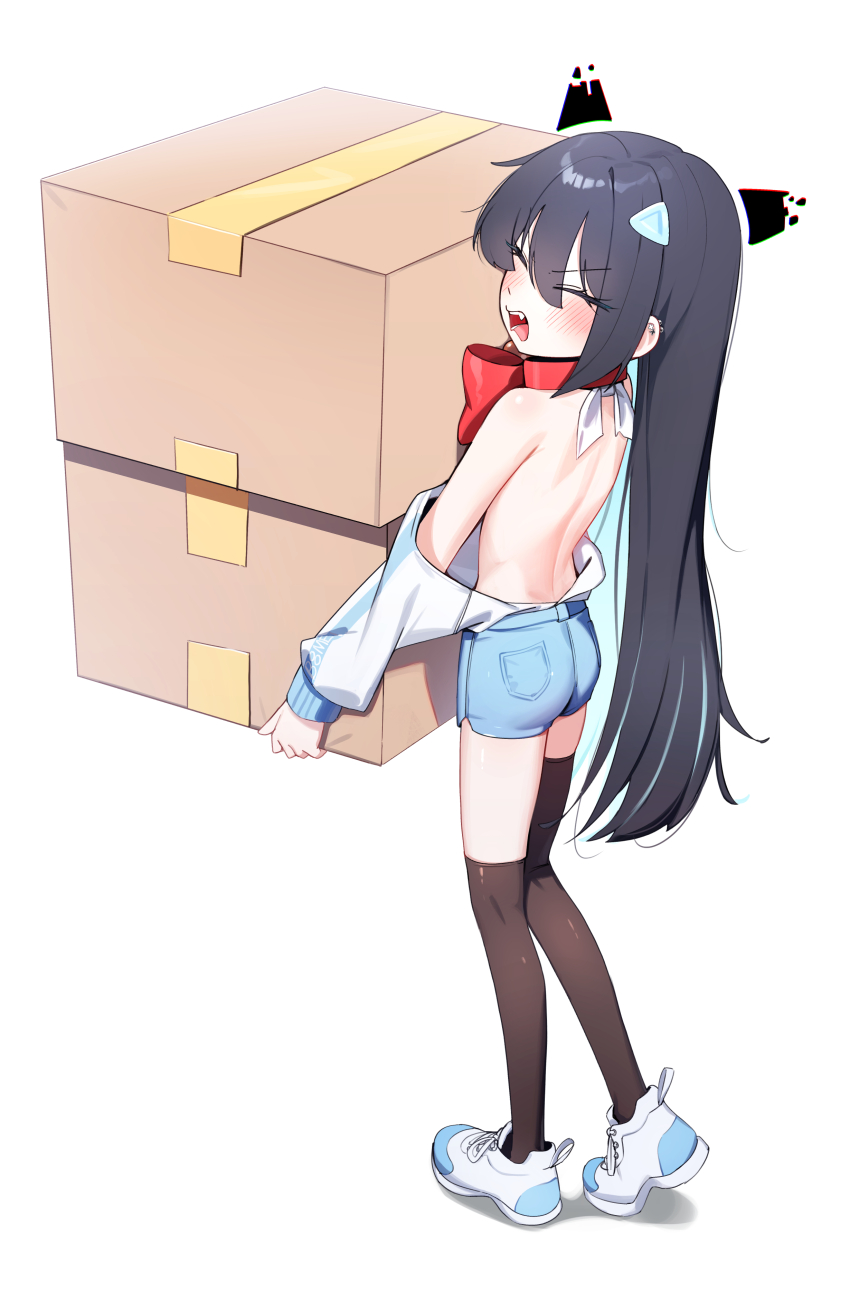 1girl absurdres ass asymmetrical_legwear black_hair black_thighhighs blue_hair blue_shorts blush box cardboard_box closed_eyes colored_inner_hair full_body hair_between_eyes hair_ornament highres holding holding_box jacket long_hair long_sleeves multicolored_hair open_mouth original shoes shorts simple_background sneakers solo standing thighhighs uneven_legwear white_background white_jacket white_shoes whonyang