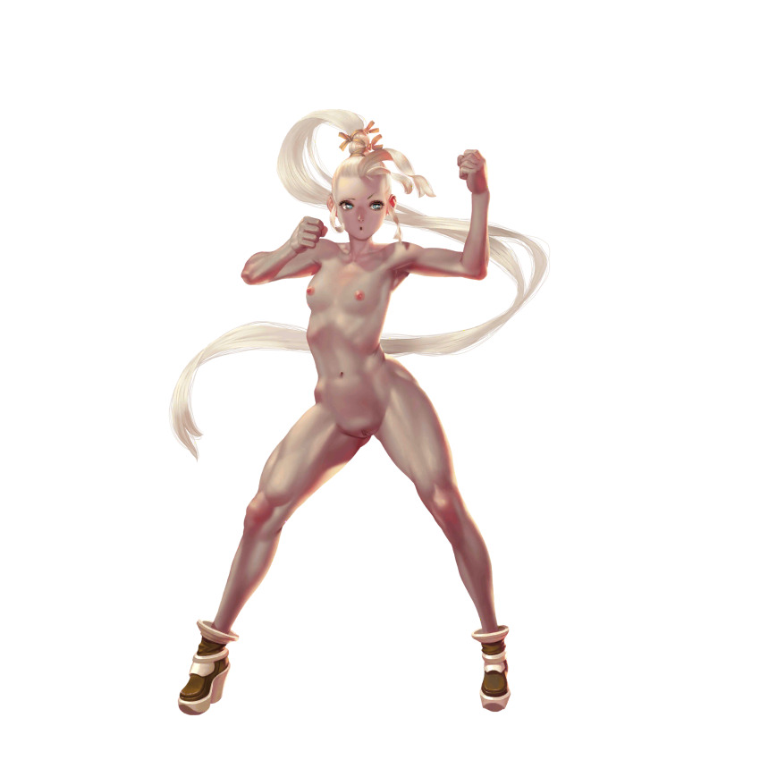 1girl :o armpits artist_request blue_eyes bra breasts bullet clenched_hands crystal_maiden_(series) forehead full_body game_cg groin highres long_hair looking_to_the_side mercy_(crystal_maidens) naked_footwear navel nipples nude official_art ponytail pussy solo transparent_background uncensored underwear variant_set white_hair