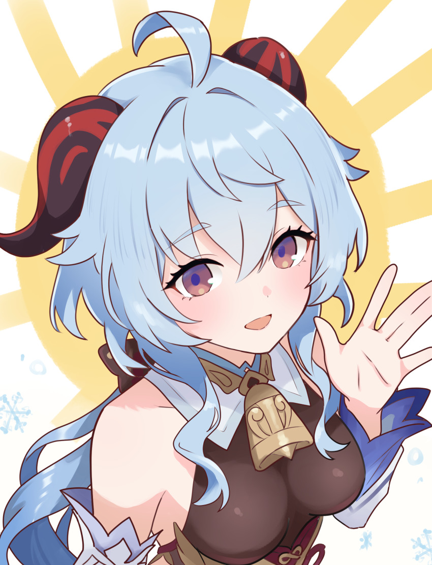 1girl absurdres ahoge aqua_hair bamboo_tac bell breasts detached_sleeves ganyu_(genshin_impact) genshin_impact hair_between_eyes highres horns large_breasts long_hair looking_at_viewer neck_bell open_mouth purple_eyes qilin_(mythology) smile solo