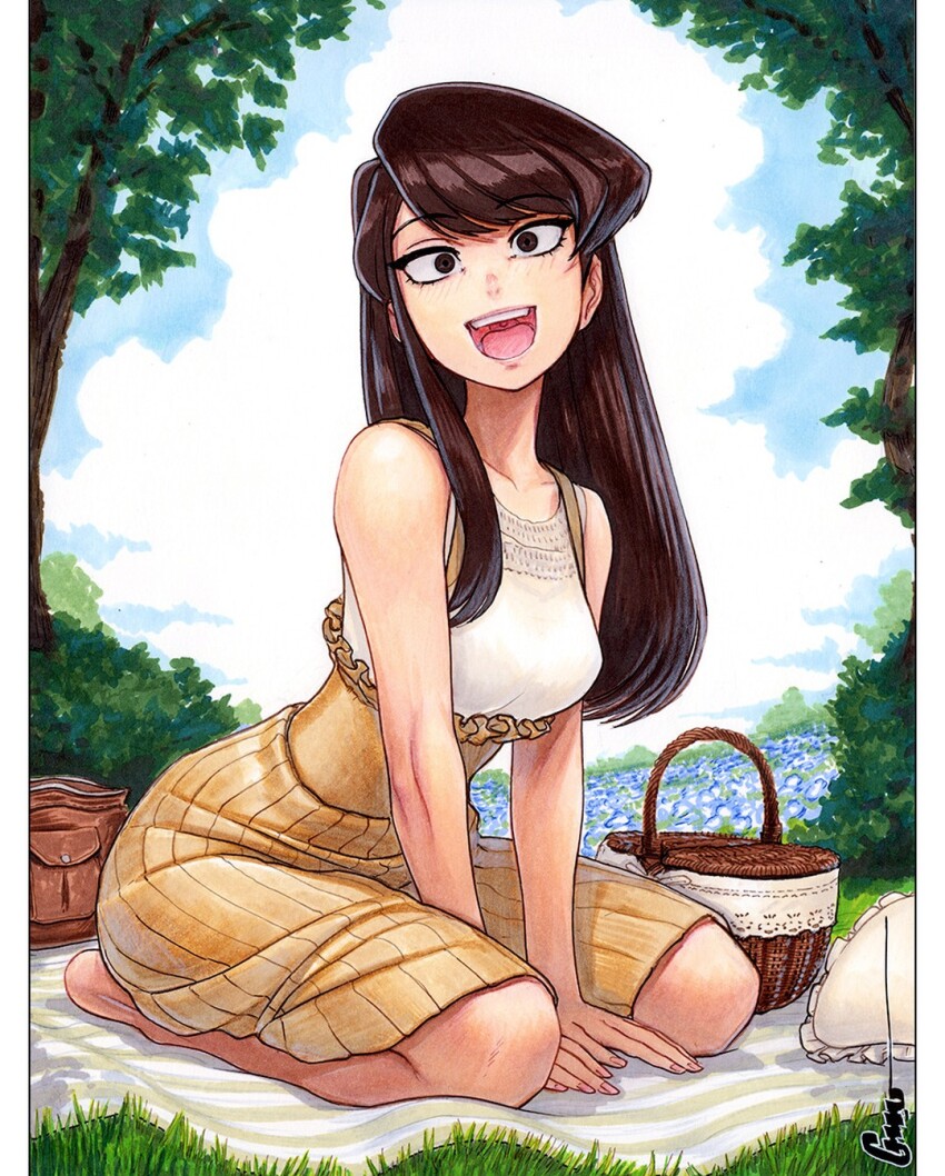 1girl :d arm_support artist_name bare_shoulders barefoot between_legs black_hair blanket blue_flower blue_sky blush breasts brown_bag brown_eyes cloud commentary cumulonimbus_cloud day dress english_commentary eyelashes field fisheye flower flower_field foliage frilled_dress frills full_body grass hand_between_legs happy head_tilt highres komi-san_wa_komyushou_desu komi_shouko leaning_forward long_hair looking_at_viewer marker_(medium) medium_breasts nature omar_dogan on_ground open_mouth out_of_character outdoors picnic picnic_basket pillow scan seiza signature sitting sky sleeveless sleeveless_dress smile solo swept_bangs teeth traditional_media tree two-tone_dress upper_teeth_only uvula v_arms white_dress yellow_dress