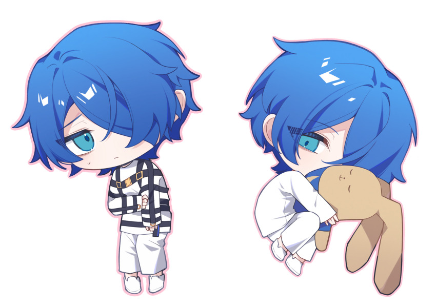 1boy absurdres alternate_costume blue_eyes blue_hair chibi chibi_only covered_mouth frown hair_over_one_eye highres hugging_doll hugging_object looking_at_viewer male_focus milgram multiple_views outline pants pink_outline sakurai_haruka_(milgram) shirt shoes short_hair simple_background stuffed_animal stuffed_rabbit stuffed_toy sweatdrop white_background white_pants white_shirt white_shoes yingwux1