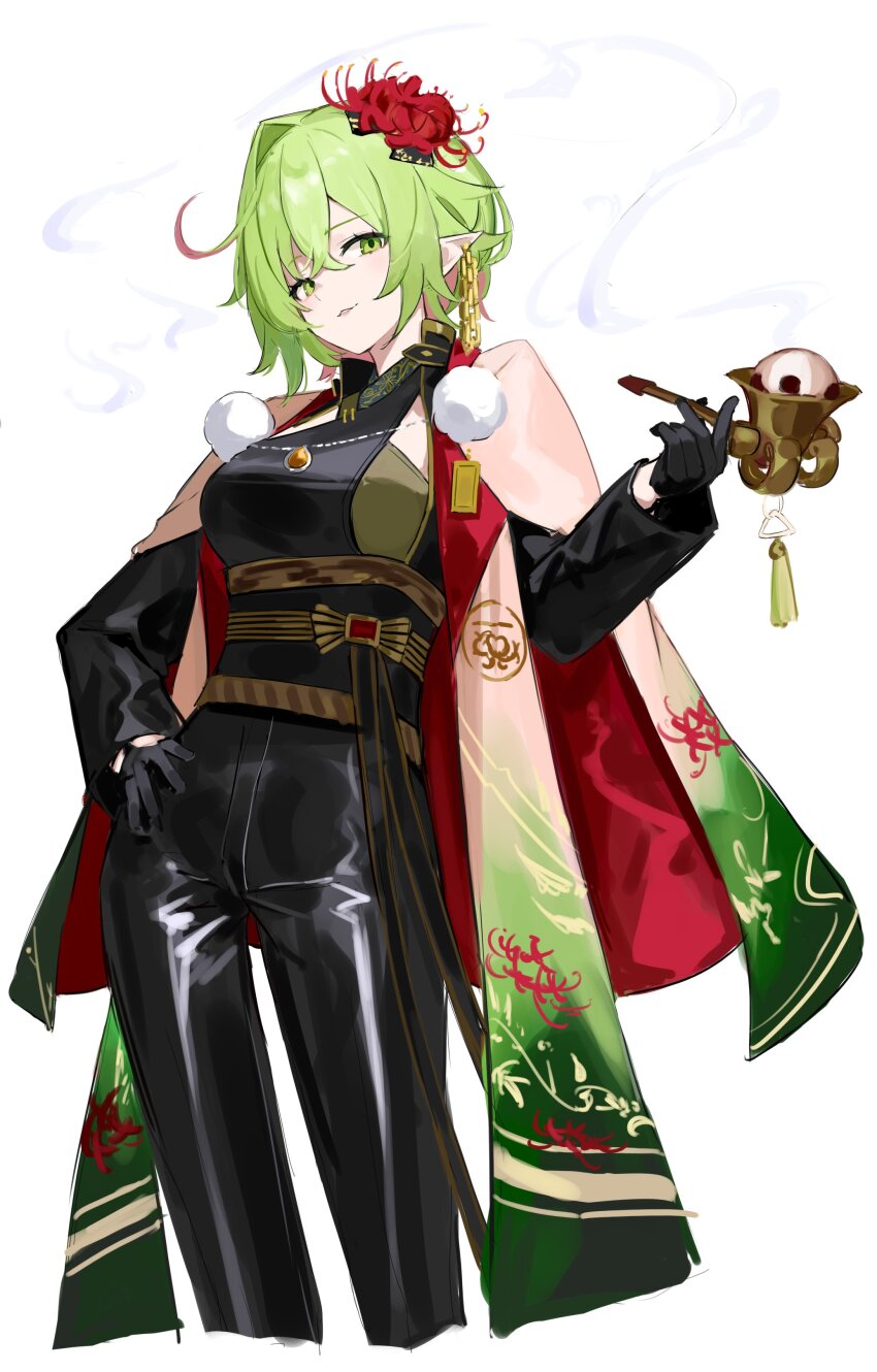 1girl absurdres black_gloves black_leggings breasts cape coat commentary_request cowlick crossed_bangs earrings elf floral_print flower gloves green_eyes green_hair hair_between_eyes hair_flower hair_ornament hand_on_own_hip highres holding holding_smoking_pipe japanese_clothes jewelry large_breasts leggings long_sleeves looking_at_viewer magachiyo_(shadowverse) multicolored_coat obi pointy_ears sash shadowverse shiro_wa_(shiroshironix) short_hair simple_background single_hair_intake sketch smile smirk smoke smoking_pipe solo standing white_background