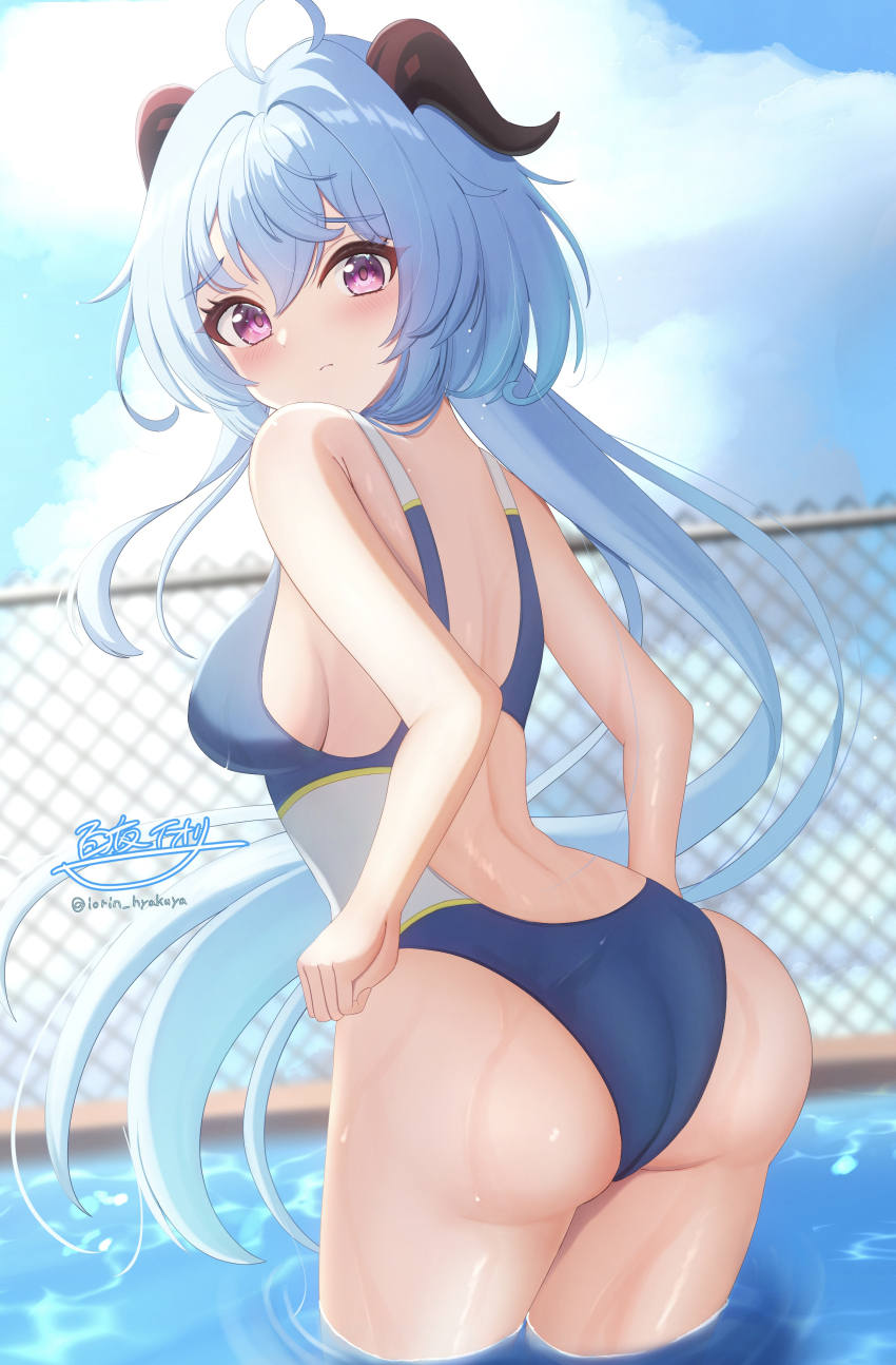 1girl absurdres alternate_costume blue_hair blue_one-piece_swimsuit blush breasts chain-link_fence closed_mouth cloud cloudy_sky commentary_request day fence from_side ganyu_(genshin_impact) genshin_impact highres hyakuya_iori large_breasts long_hair looking_at_viewer looking_to_the_side one-piece_swimsuit outdoors pool purple_eyes sideboob signature sky solo swimsuit twitter_username very_long_hair wading watermark web_address white_one-piece_swimsuit
