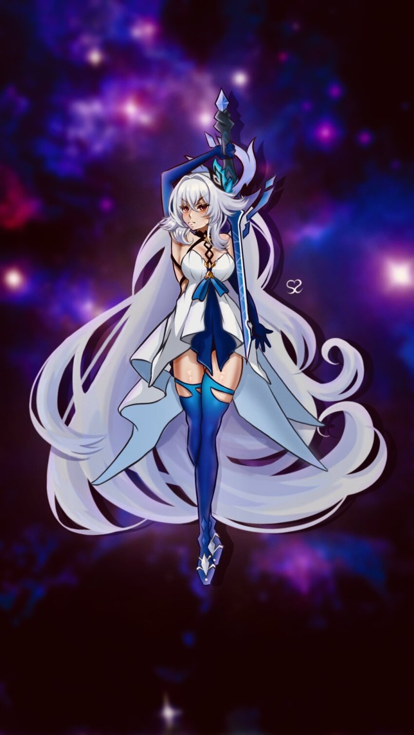 1girl blue_ribbon bow breasts genshin_impact gloves hair_between_eyes highres holding holding_sword holding_weapon long_hair medium_breasts red_eyes ribbon self-upload signature skirk_(genshin_impact) space sword synchra thighhighs weapon white_hair