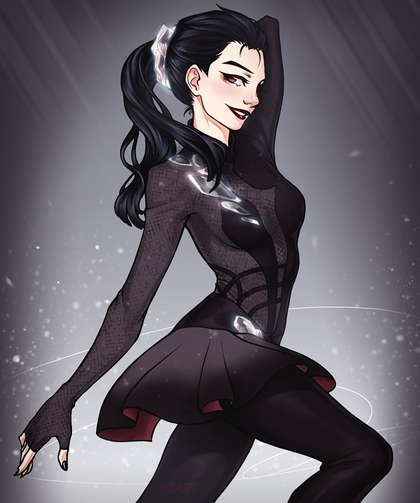 1girl absurdres arm_up artist_name black_hair black_lips black_nails black_skirt breasts dress genderswap genderswap_(mtf) grey_background hair_ornament hair_scrunchie highres katsuki_yuuri lipstick long_hair looking_at_viewer makeup nail_polish neesawahh ponytail scrunchie skirt small_breasts standing white_scrunchie yuri!!!_on_ice