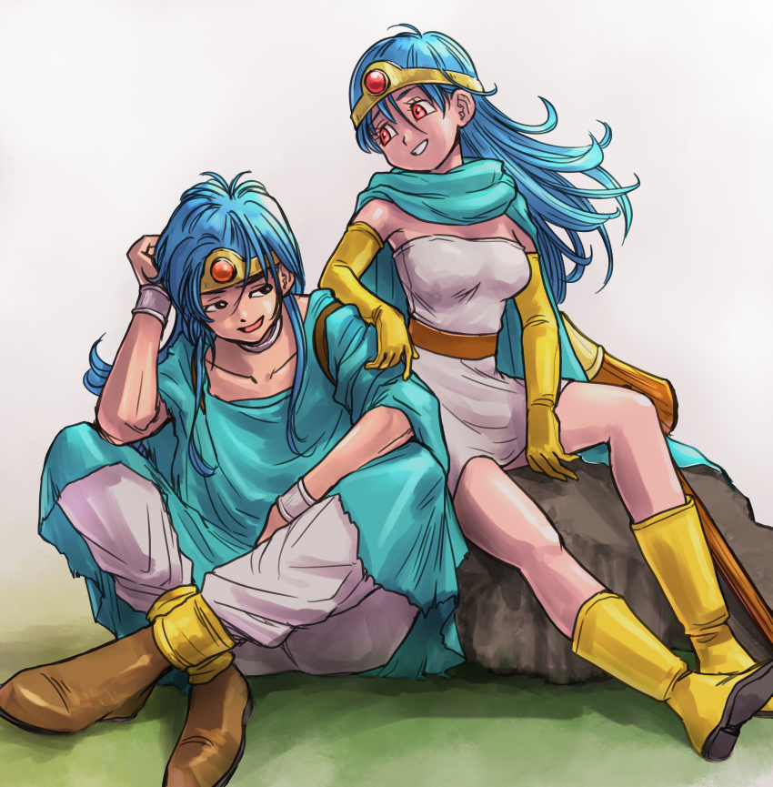1boy 1girl absurdres aqua_cape aqua_tunic arm_on_another&#039;s_shoulder belt black_eyes blue_hair boots bracelet brown_belt brown_boots cape choker circlet collarbone commentary_request dragon_quest dragon_quest_iii dress elbow_gloves floating_hair gem gloves gold_circlet grin highres jewelry long_hair looking_at_another looking_to_the_side mage_staff open_mouth pants pekuchin_(pekuchin_3) red_eyes red_gemstone rock sage_(dq3) silver_choker sitting smile strapless strapless_dress tunic white_background white_dress white_pants yellow_boots yellow_gloves