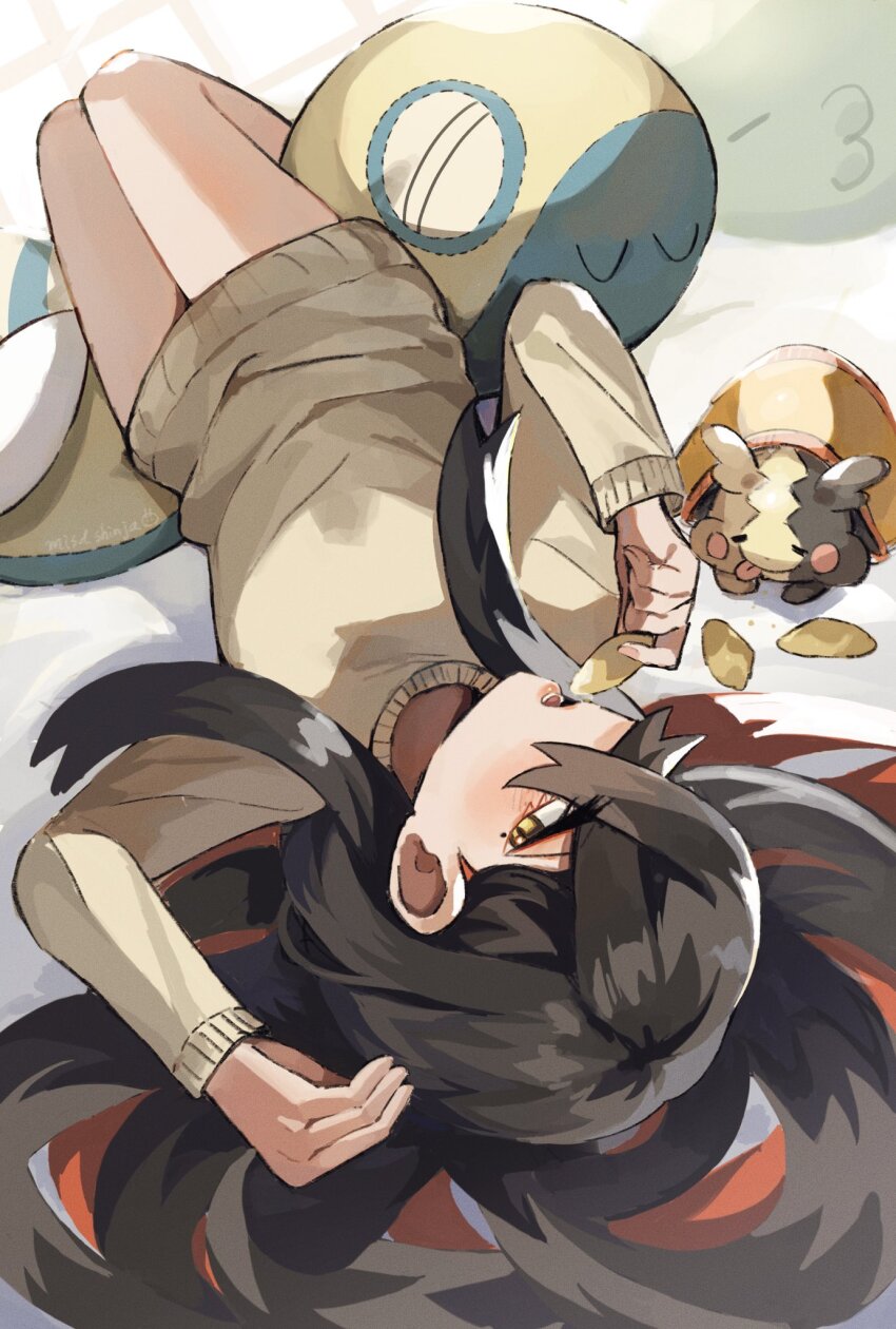 1girl black_hair carmine_(pokemon) chips_(food) dudunsparce eating food game_freak gen_3_pokemon gen_8_pokemon gulpin highres holding holding_food knees_up long_hair looking_at_viewer lying matsuda_(0yx38755230263c) mole mole_under_eye morpeko multicolored_hair nintendo no_pants on_back pokemon pokemon_(creature) pokemon_sv potato_chips red_hair sweater yellow_eyes