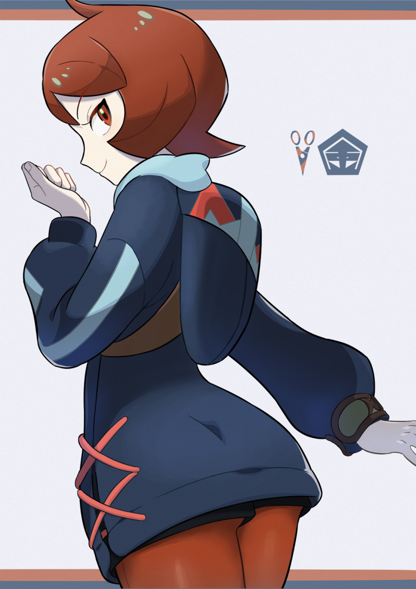 1girl arezu_(pokemon) black_shorts bracelet brown_eyes brown_hair closed_mouth commentary_request cowlick hand_up highres hood hood_down hooded_jacket jacket jewelry long_sleeves looking_back nintendo nori_(hgdm2784) pantyhose pantyhose_under_shorts pokemon pokemon_legends:_arceus short_hair shorts smile solo