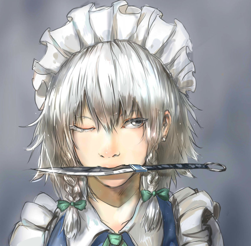 132_(bb32768) 1girl bad_id bad_pixiv_id blue_background blue_dress bow colored_eyelashes dress female_focus grey_eyes hair_bow highres izayoi_sakuya knife_in_mouth looking_to_the_side maid mouth_hold one_eye_closed ribbon short_hair silver_hair simple_background solo sparkle touhou upper_body