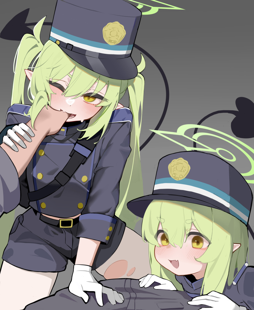 1boy 2girls absurdres belt belt_buckle black_belt black_tail blue_archive blue_hat blue_shorts blush buckle demon_girl demon_tail fang ffm_threesome finger_in_another&#039;s_mouth girl_on_top gloves green_hair green_halo grey_background group_sex hair_between_eyes half-closed_eyes halo hands_on_another&#039;s_chest hat hei_tudou hetero highres hikari_(blue_archive) loli long_hair long_sleeves looking_at_viewer multiple_girls nozomi_(blue_archive) one_eye_closed open_mouth pantyhose pantyhose_under_shorts peaked_cap pointy_ears pov shorts siblings simple_background sisters skin_fang sleeve_cuffs sleeves_rolled_up smile straight_hair tail thick_eyebrows thighs threesome torn_clothes torn_pantyhose twins twintails very_long_hair white_gloves white_pantyhose yellow_eyes