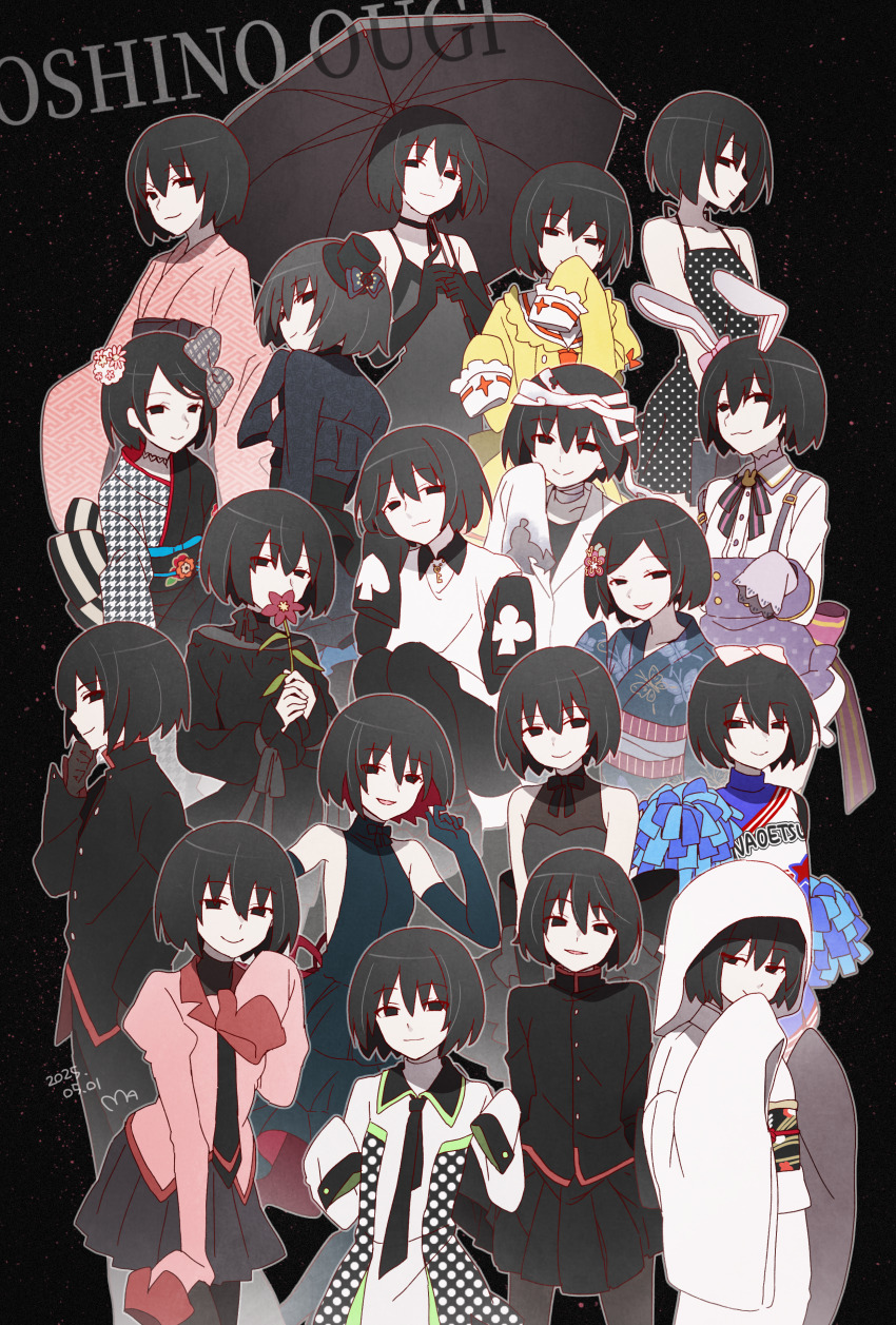 1boy 6+girls absurdres animal_ears black_background black_dress black_eyes black_gloves black_hair black_hat black_jacket black_necktie black_pants black_skirt bob_cut bow character_name cheerleader closed_mouth commentary dated dress elbow_gloves fake_animal_ears flower gloves grey_bow hair_between_eyes hair_bow hair_flower hair_ornament hat highres holding holding_flower holding_umbrella jacket japanese_clothes jewelry key key_necklace kimono lab_coat looking_at_viewer looking_back manimani_(mani_ma) monogatari_(series) multiple_girls multiple_persona naoetsu_high_school_uniform necklace necktie open_mouth oshino_ougi pants pink_shirt pom_pom_(cheerleading) rabbit_ears school_uniform shirt short_hair simple_background skirt sleeveless sleeveless_dress smile umbrella white_bow white_kimono
